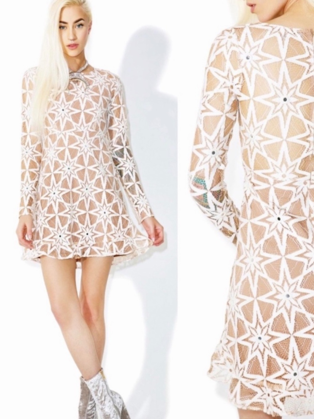 For Love & Lemons Tan/Cream Lace Star Metz Mini Dress XS